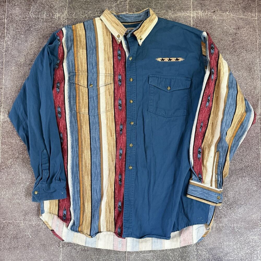 Men's Vintage 90's Western Frontier Cowboy Wear Tribal Aztec Button Up Sz 2XL